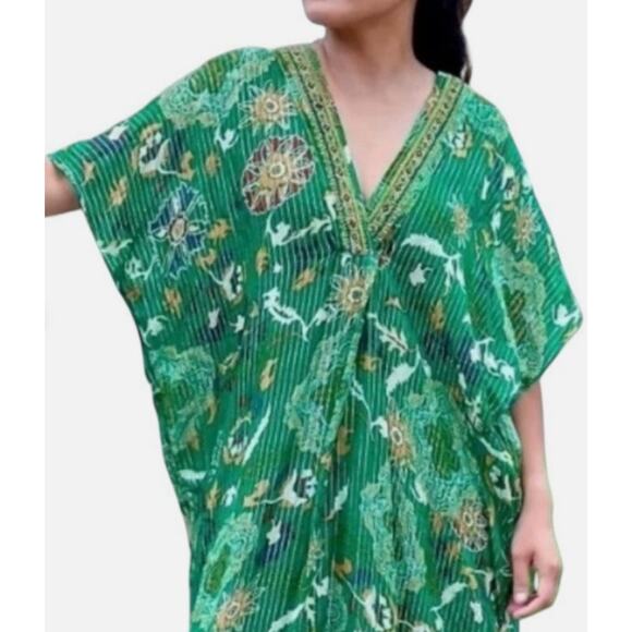 Zara Women's sz XL Green V-neck Shimmery Midi/Long Caftan Kaftan Dress Flowy - Picture 1 of 7